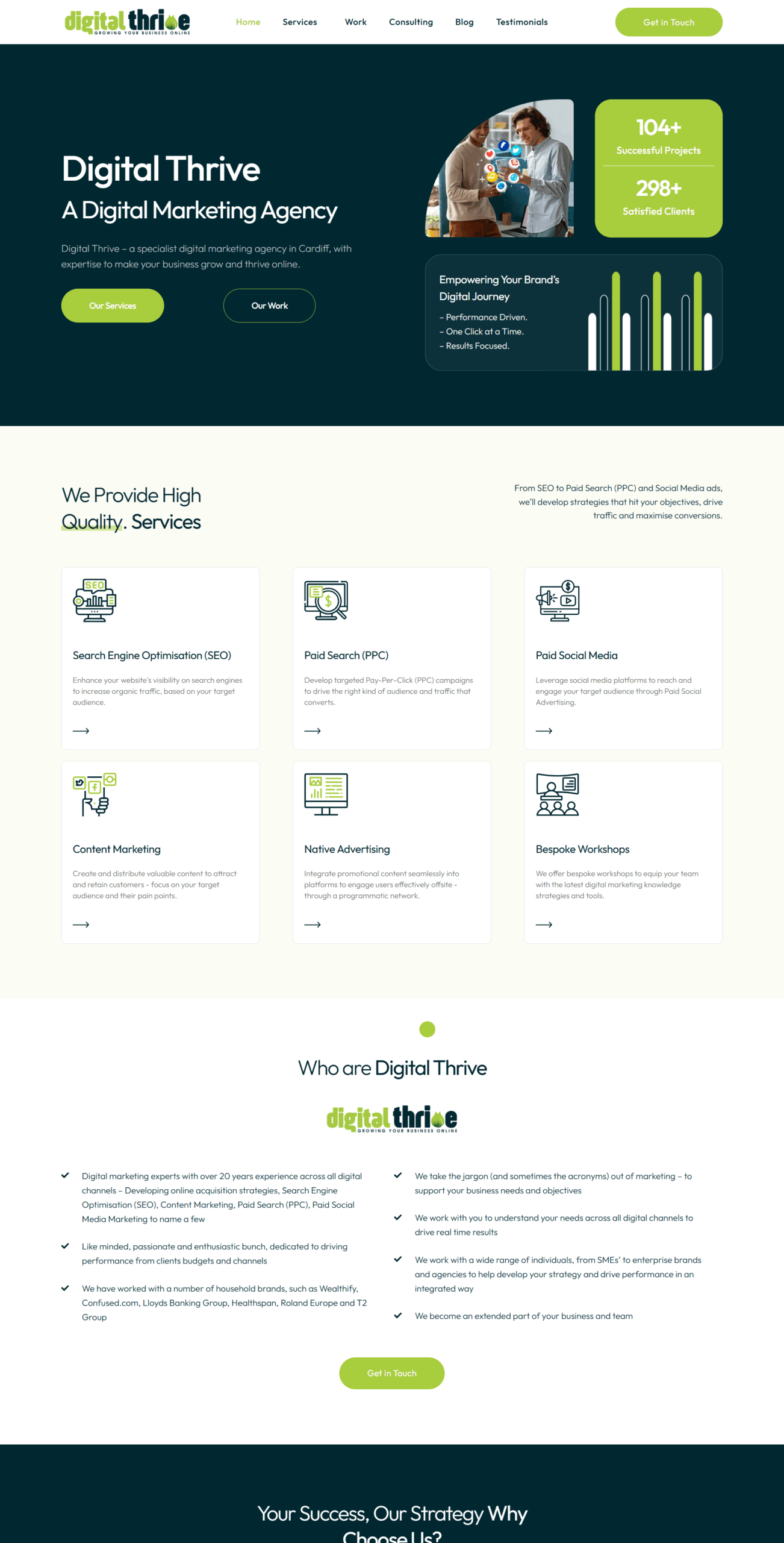 Who Are Digital Thrive section showing agency background, marketing expertise, and client success insights