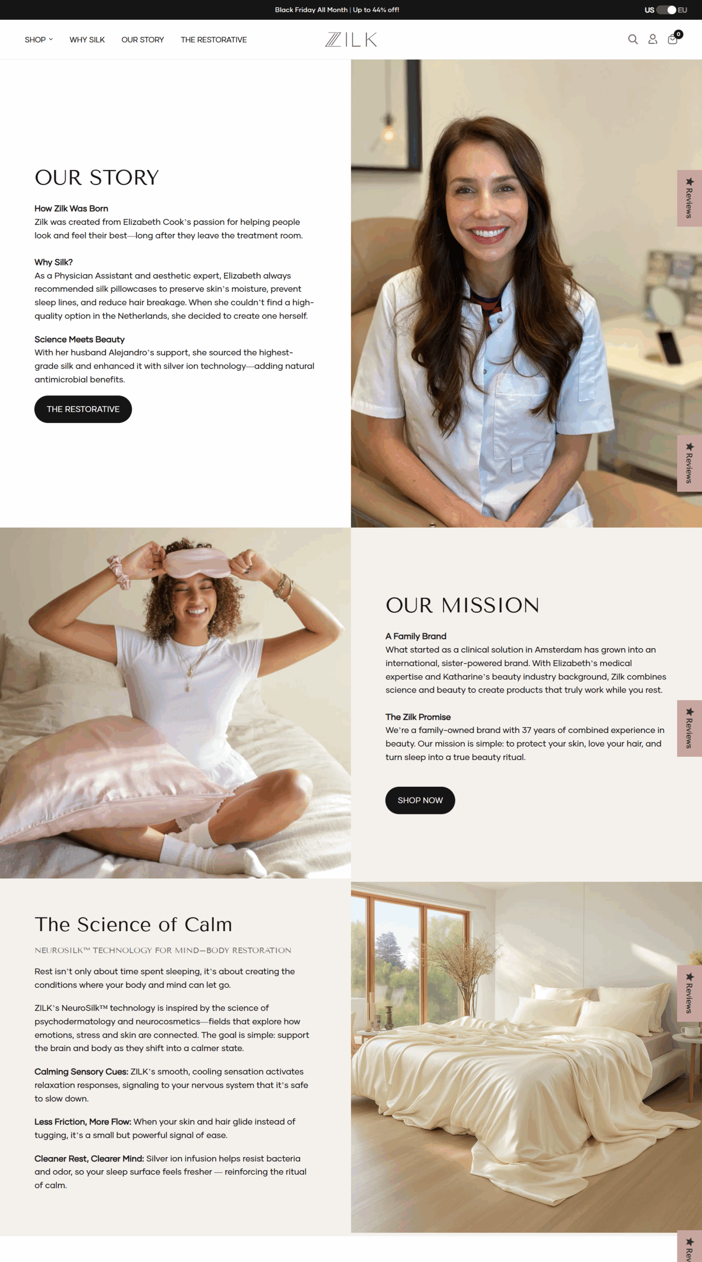 ZILK Sleep product collection page featuring restorative silk essentials like pillowcases, eye masks, and scrunchies