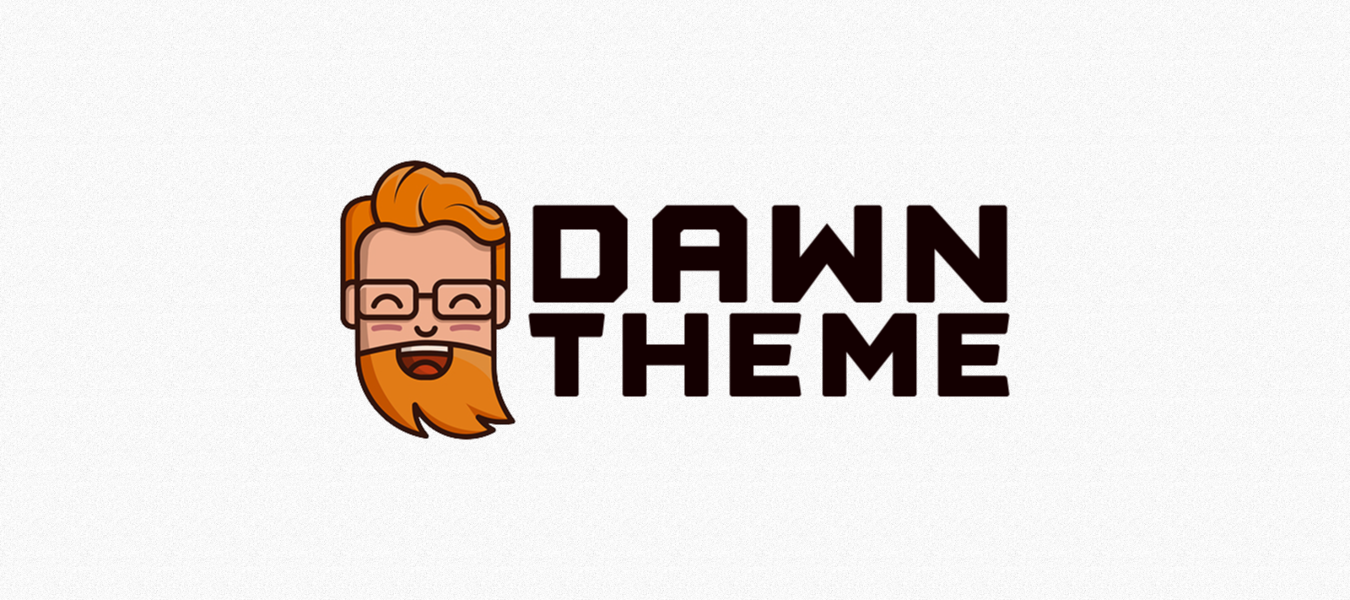 Dawn Shopify theme logo with a bearded character icon and bold “Dawn Theme” text on a light background