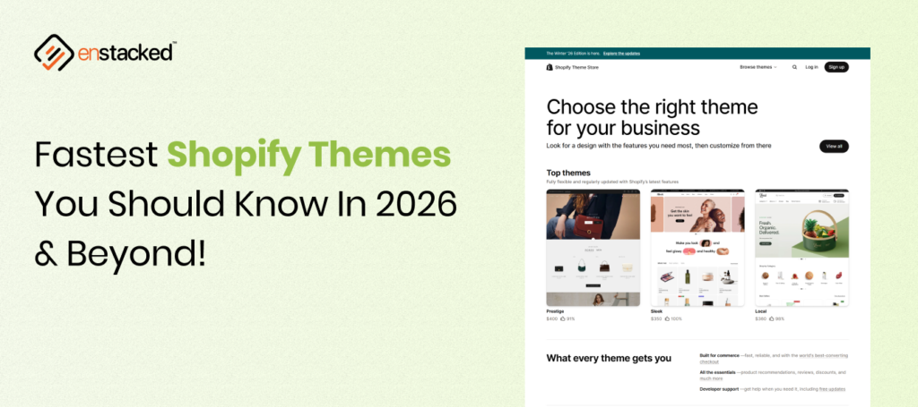 Banner showing “Fastest Shopify Themes You Should Know in 2026 & Beyond” with Shopify theme store interface preview