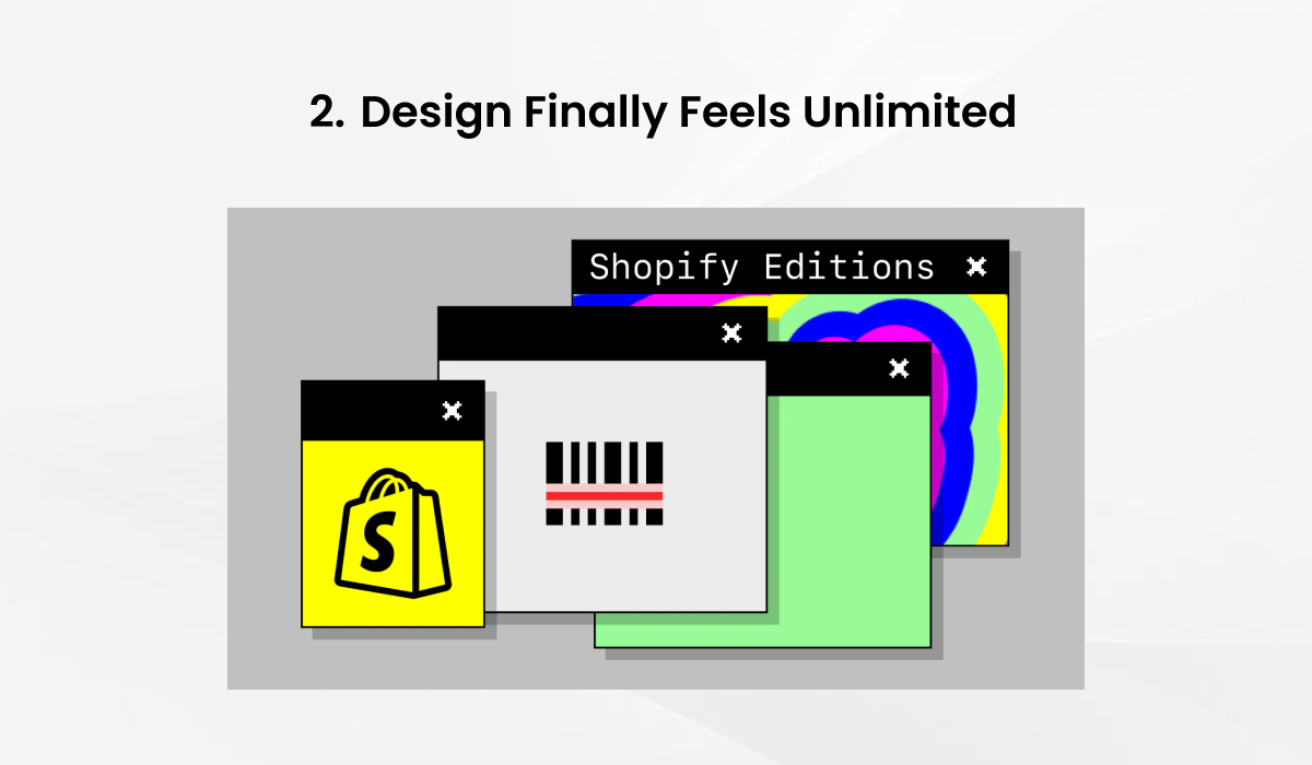 Shopify Editions design interface highlighting flexible layouts, visual customization, and modern storefront tools