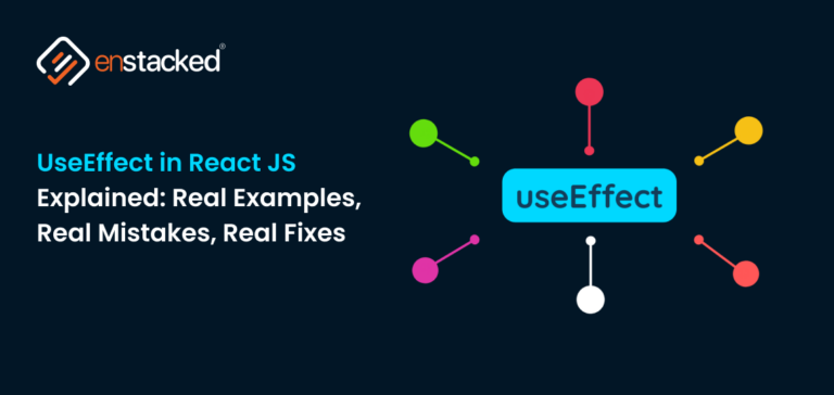 Diagram explaining React useEffect with real examples, mistakes, and fixes by Enstacked