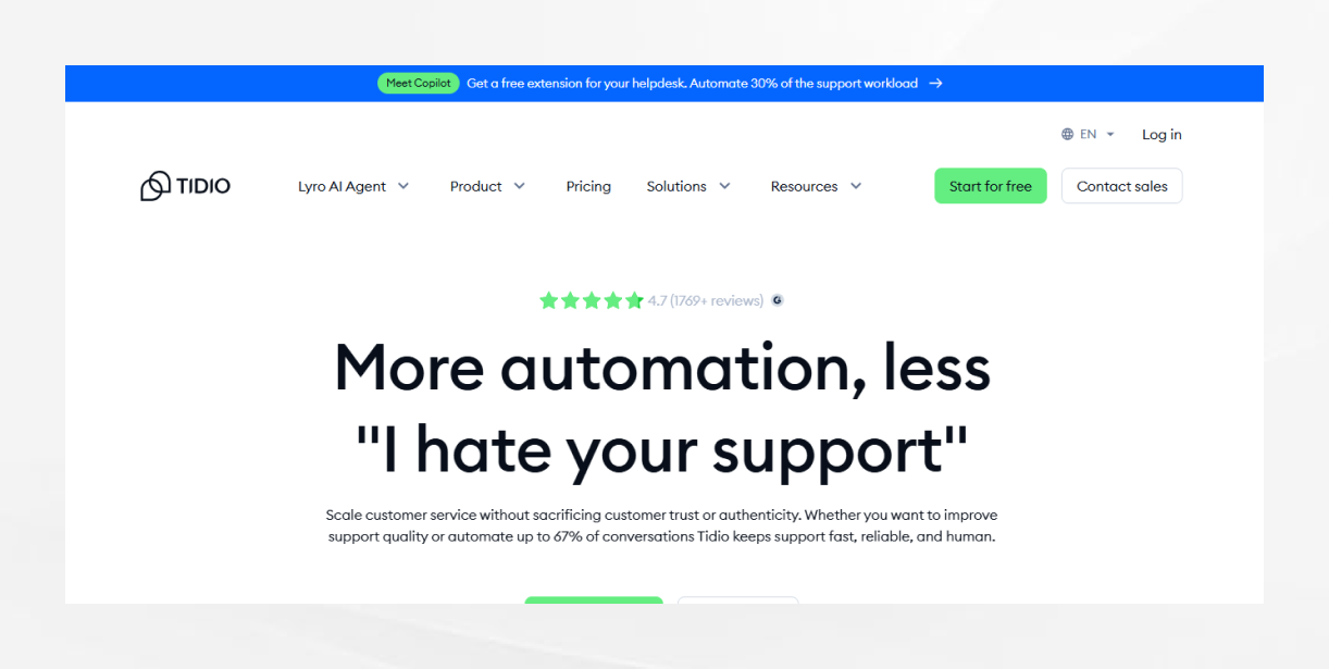Tidio AI chatbot WordPress plugin homepage with customer support automation features
