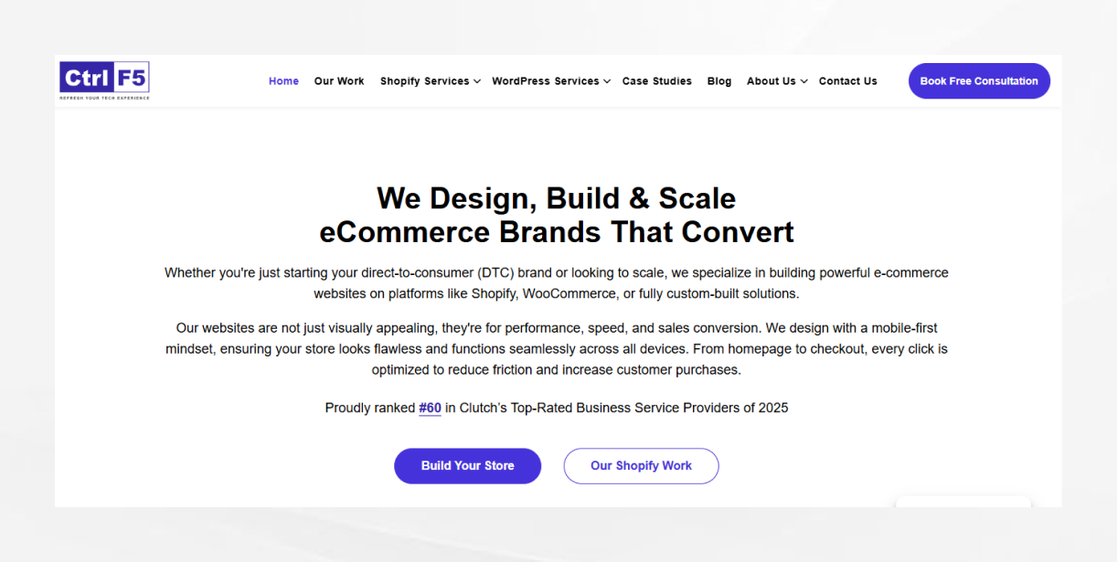 ControlF5 Shopify and ecommerce development agency banner with message “We Design, Build & Scale eCommerce Brands That Convert”.