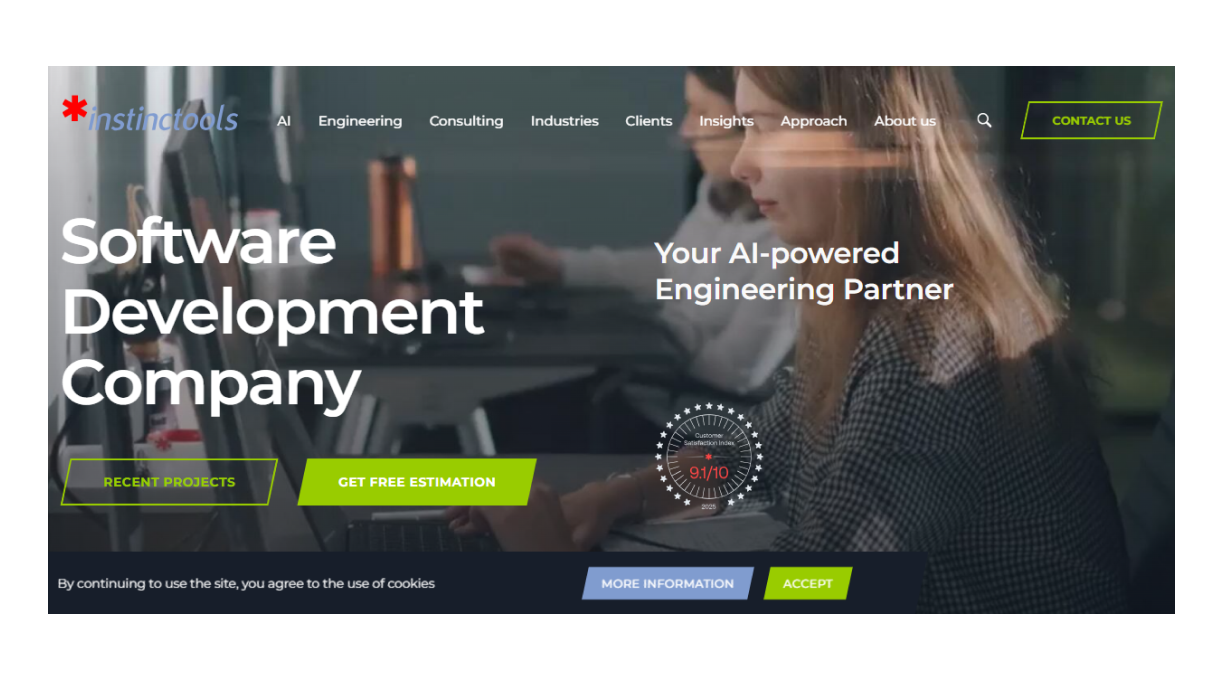 Instinctools software development company banner promoting AI-powered engineering and custom software solutions.