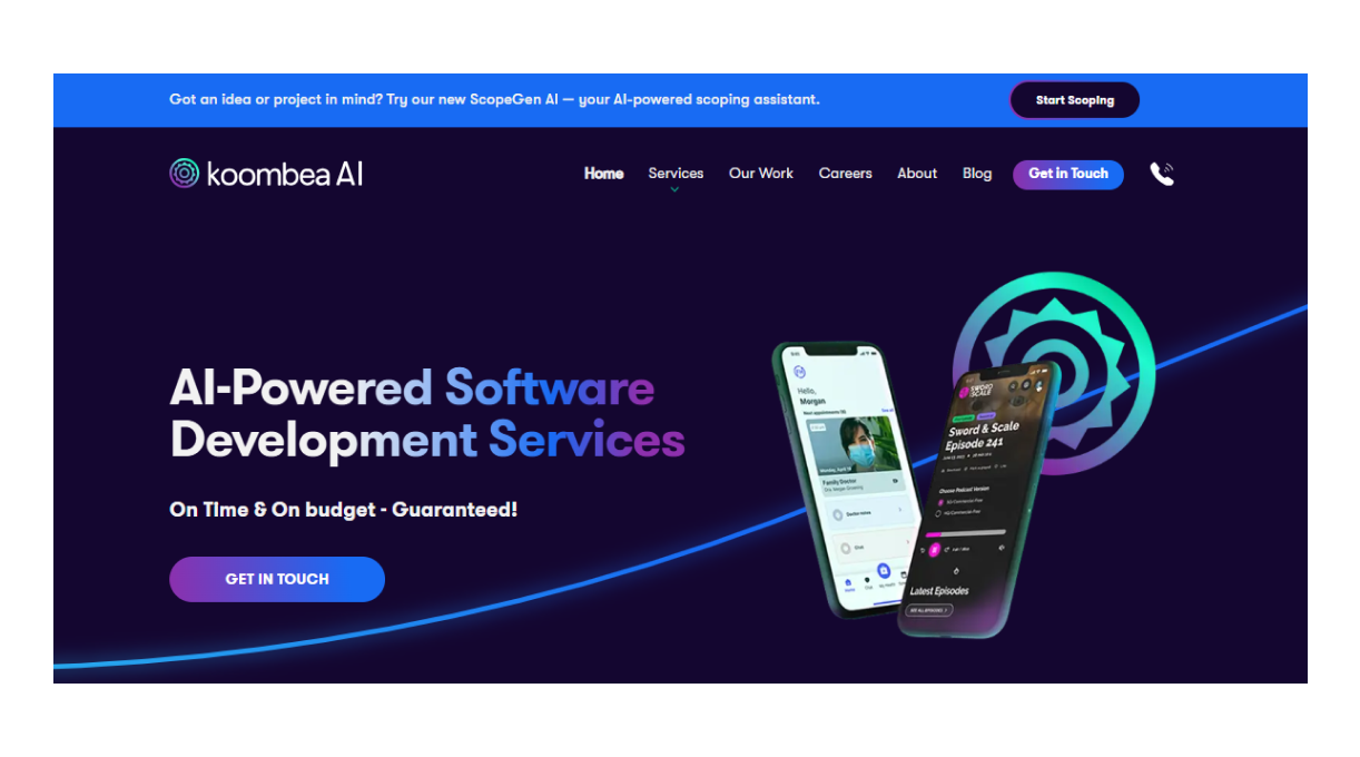 Koombea AI-powered software development services banner showcasing mobile app and AI engineering solutions.