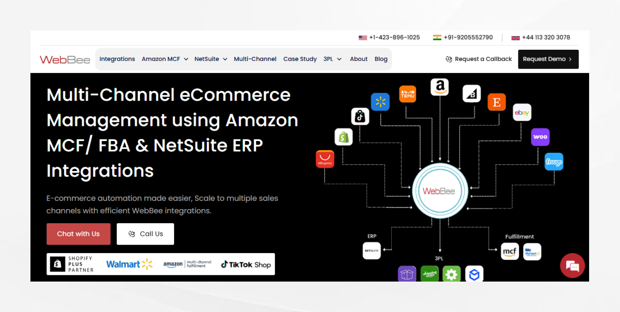WebBee Global ecommerce integration platform banner highlighting multi-channel ecommerce management and NetSuite ERP integrations.
