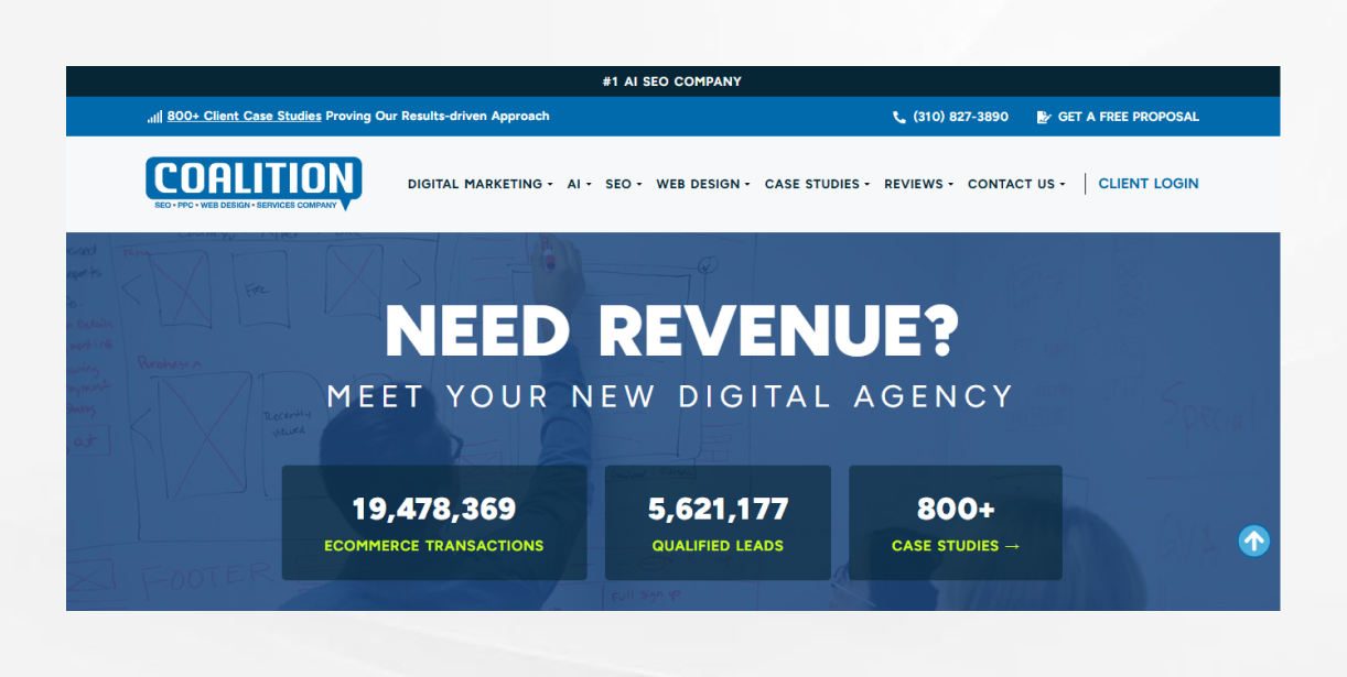 Coalition Technologies digital marketing agency banner with “Need Revenue? Meet Your New Digital Agency” and ecommerce growth statistics.