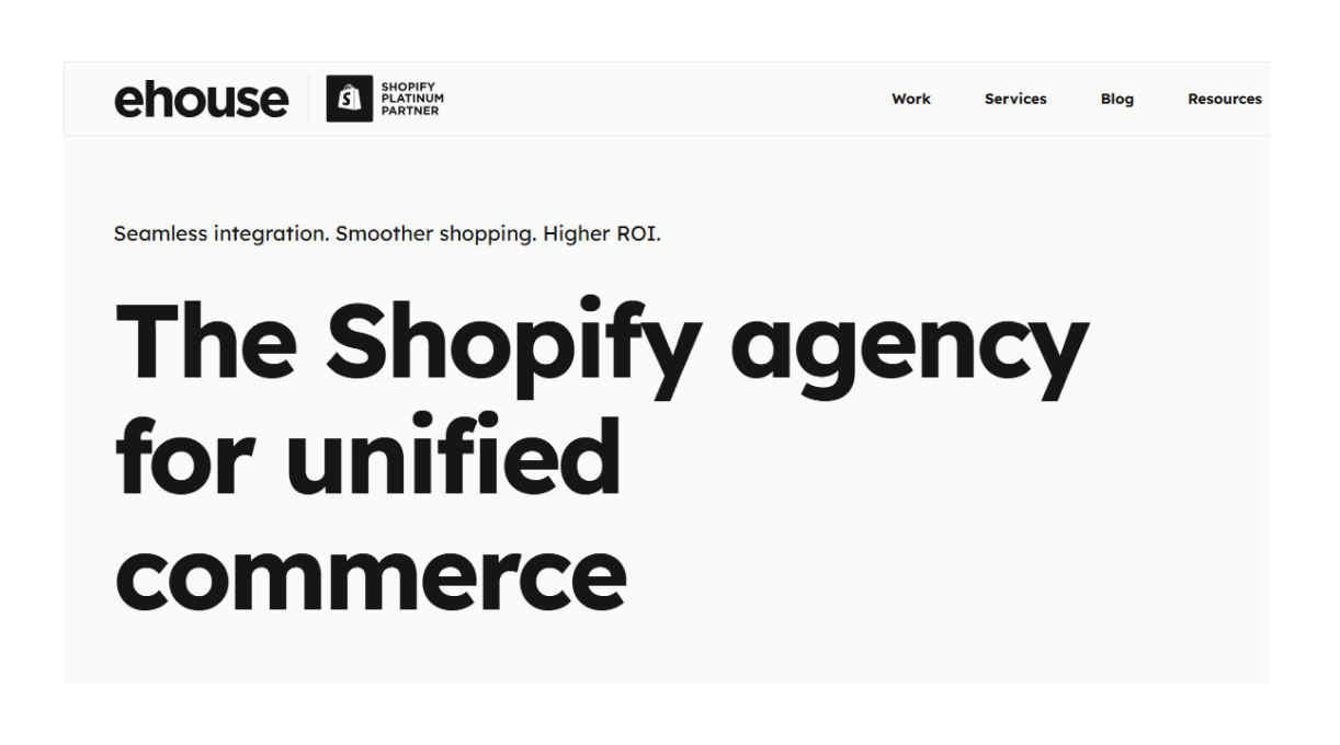 eHouse Shopify Platinum Partner agency banner with headline “The Shopify Agency for Unified Commerce”.