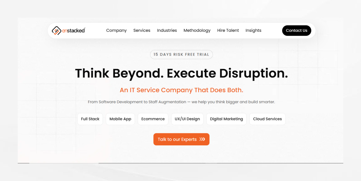 Enstacked IT services company banner with tagline “Think Beyond. Execute Disruption.” for software development and ecommerce solutions.