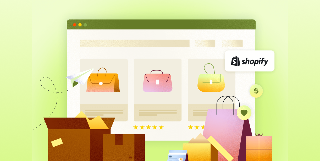 Shopify online store interface showing product listings, shopping bags and ecommerce packaging