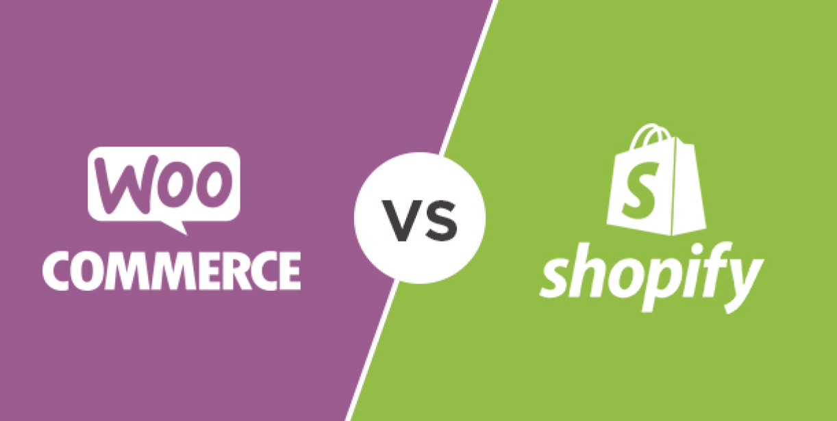 WooCommerce vs Shopify comparison visual with split background and platform logos