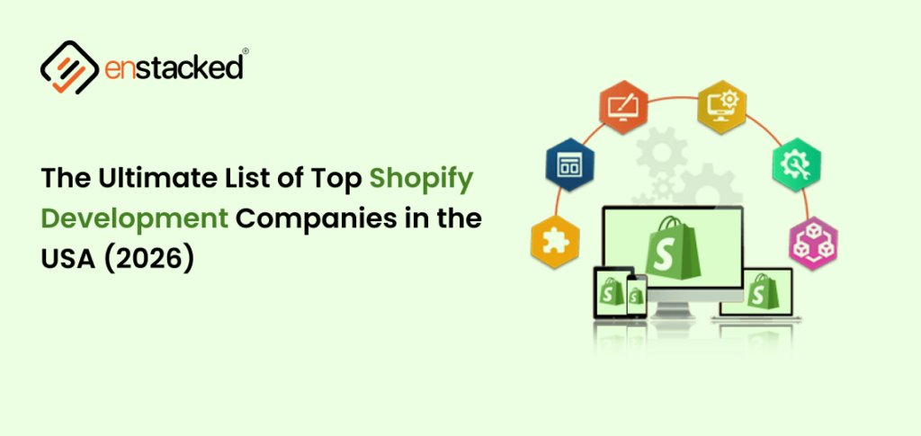 Top Shopify Development Companies in the USA 2026 blog banner featuring Shopify ecommerce development illustration.
