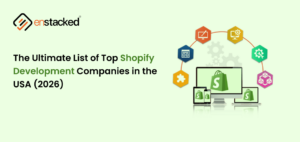 Top Shopify Development Companies in the USA 2026 blog banner featuring Shopify ecommerce development illustration.