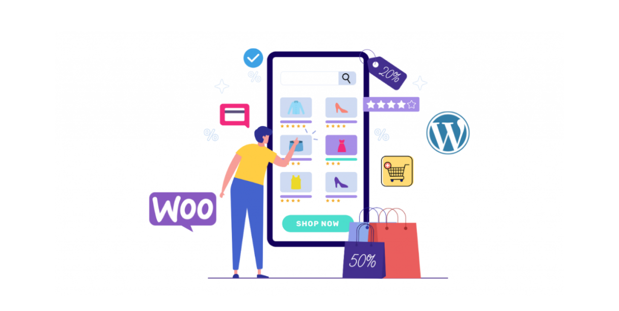 WooCommerce ecommerce interface on mobile with product listings, cart and shopping elements