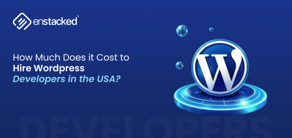 WordPress developer cost in the USA illustration showing WordPress logo and hiring concept for businesses looking to hire developers.