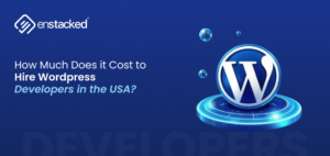 WordPress developer cost in the USA illustration showing WordPress logo and hiring concept for businesses looking to hire developers.