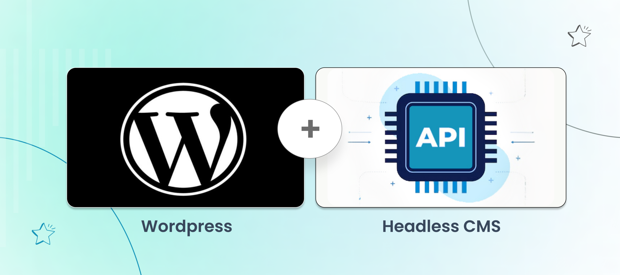 Illustration of WordPress connected with a headless CMS via API integration representing hybrid or headless WordPress architecture
