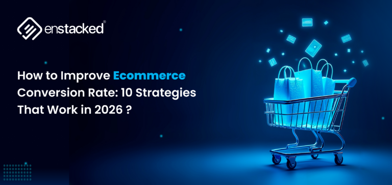 Ecommerce conversion rate optimization banner with shopping cart illustration, digital shopping bags, and modern tech background