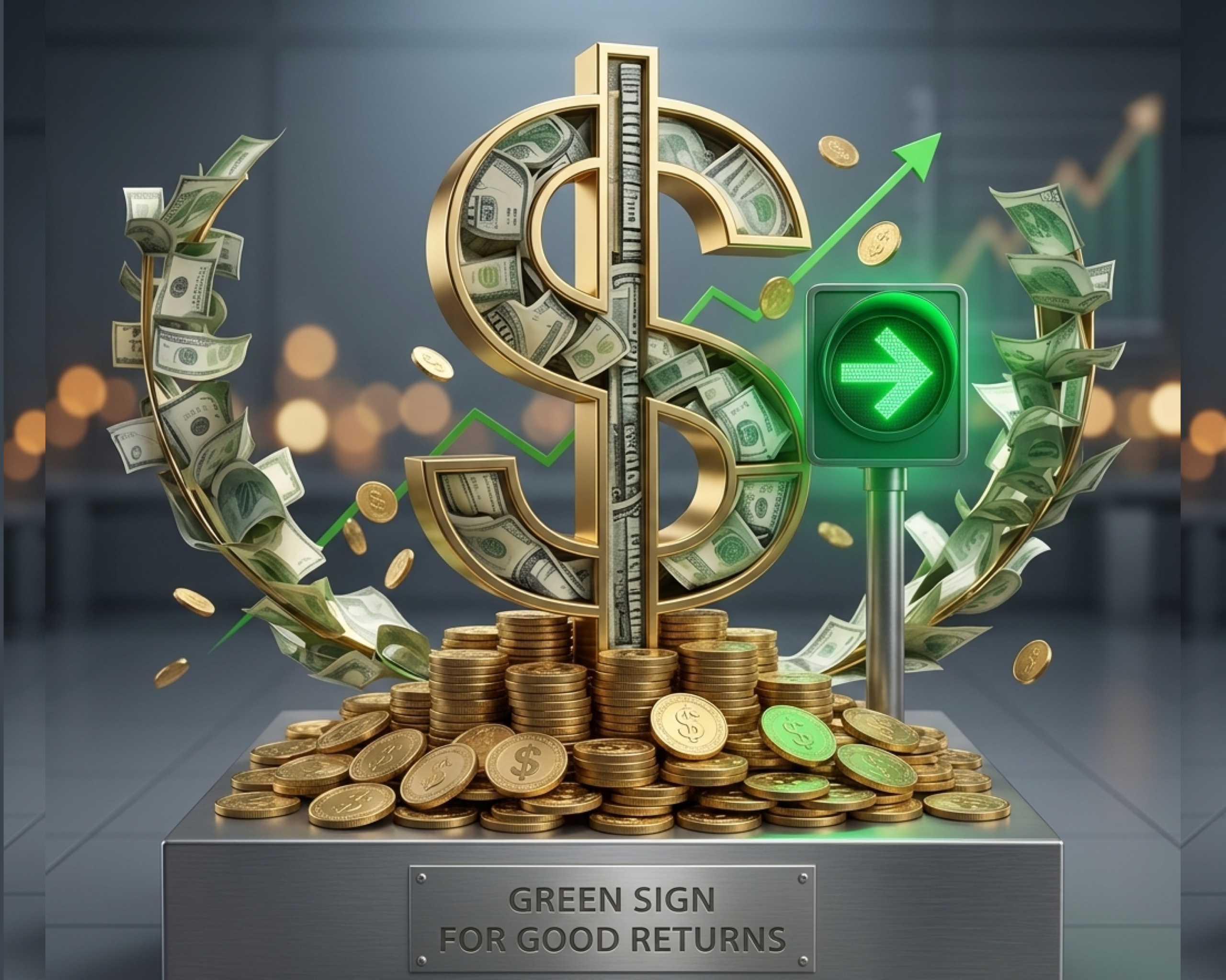 Shopify investment returns concept with dollar symbol, rising graph, and green signal indicating profitable growth