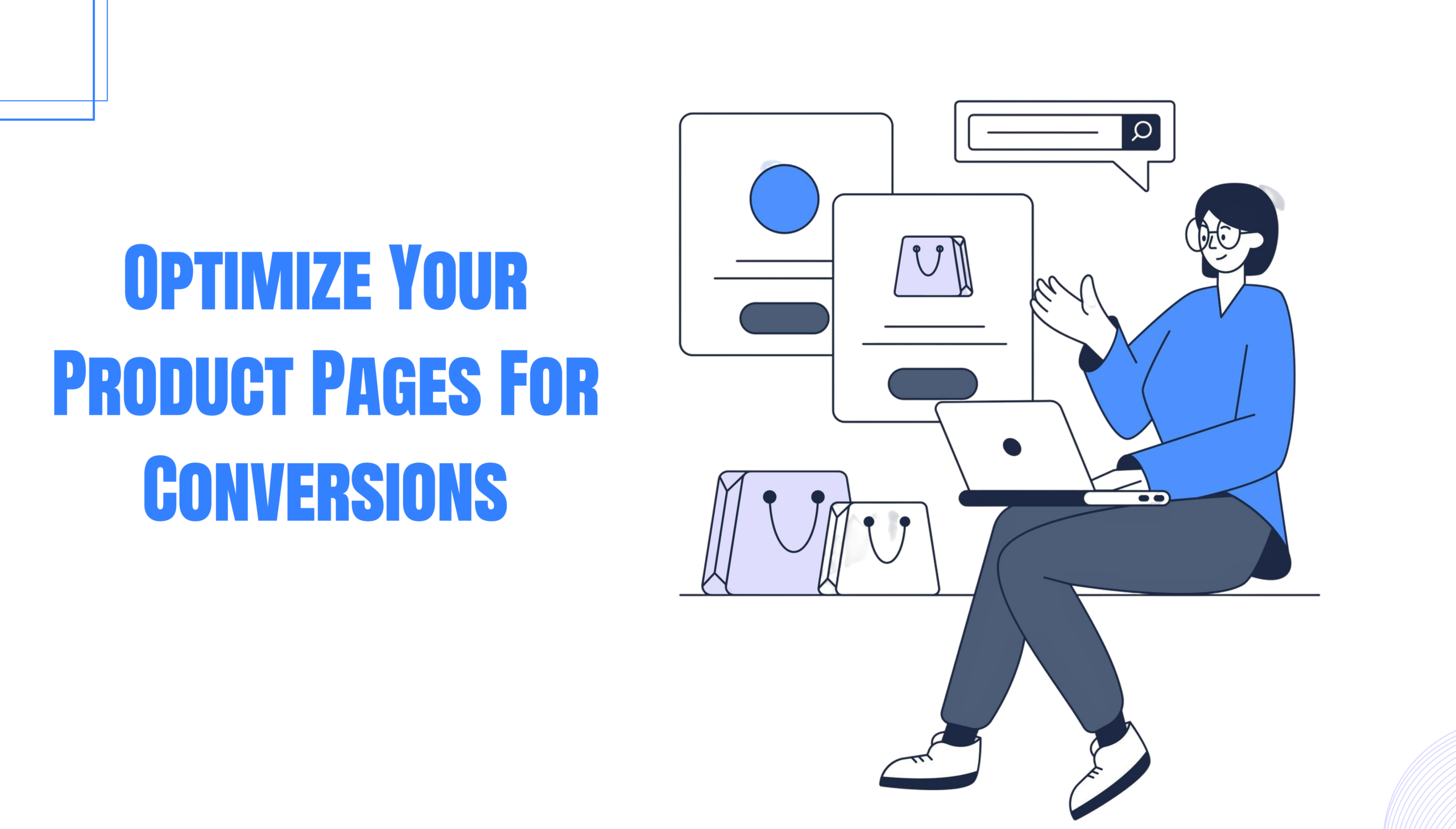 Illustration of a user analyzing eCommerce product pages on a laptop to improve conversion rates.