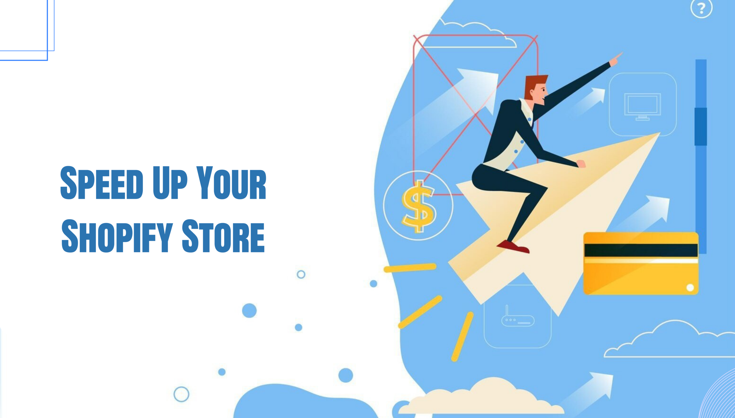 Person riding a rocket upward, representing faster website speed and improved Shopify performance.