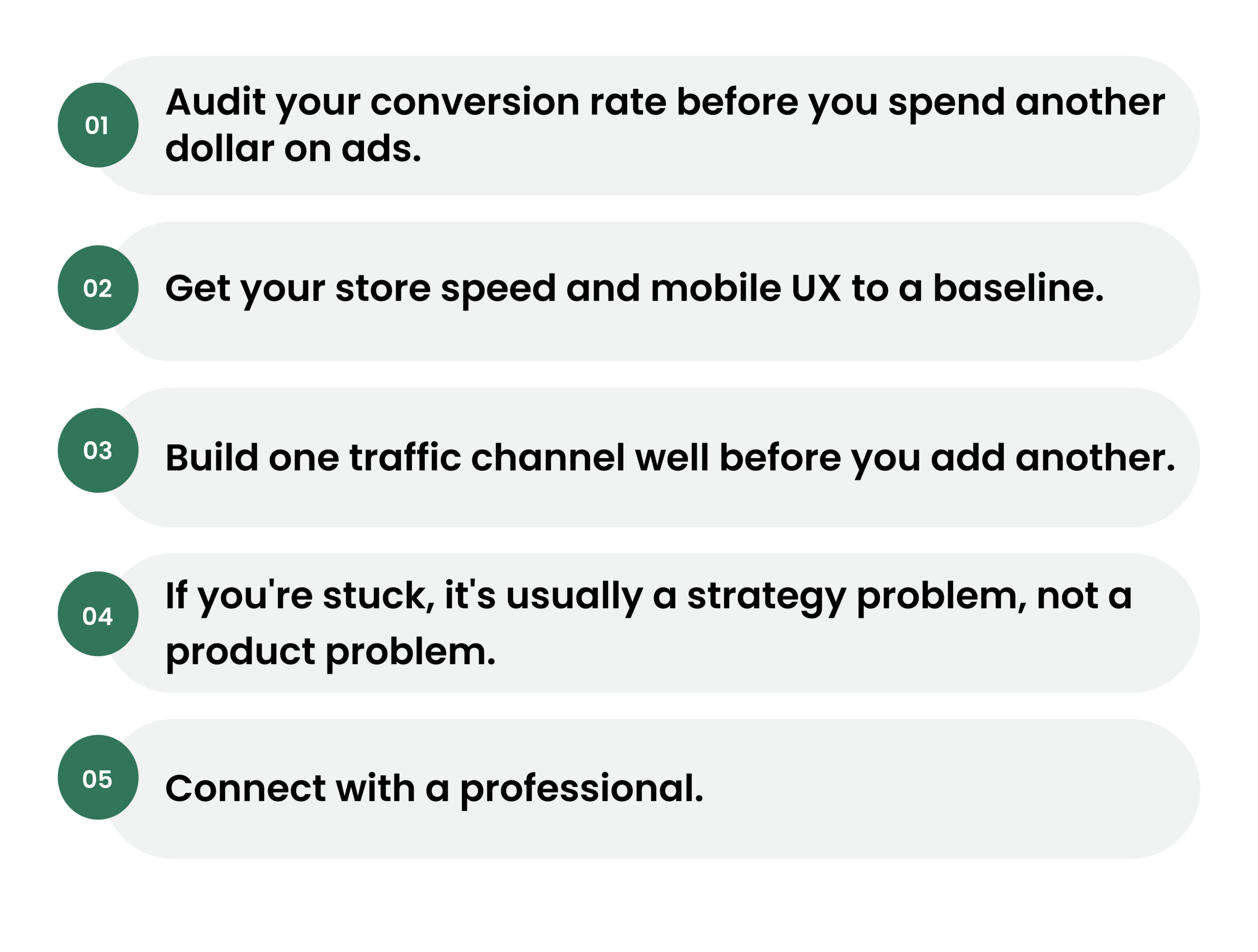 Steps to improve Shopify conversion rate including audit, speed optimization, traffic strategy, and expert consultation