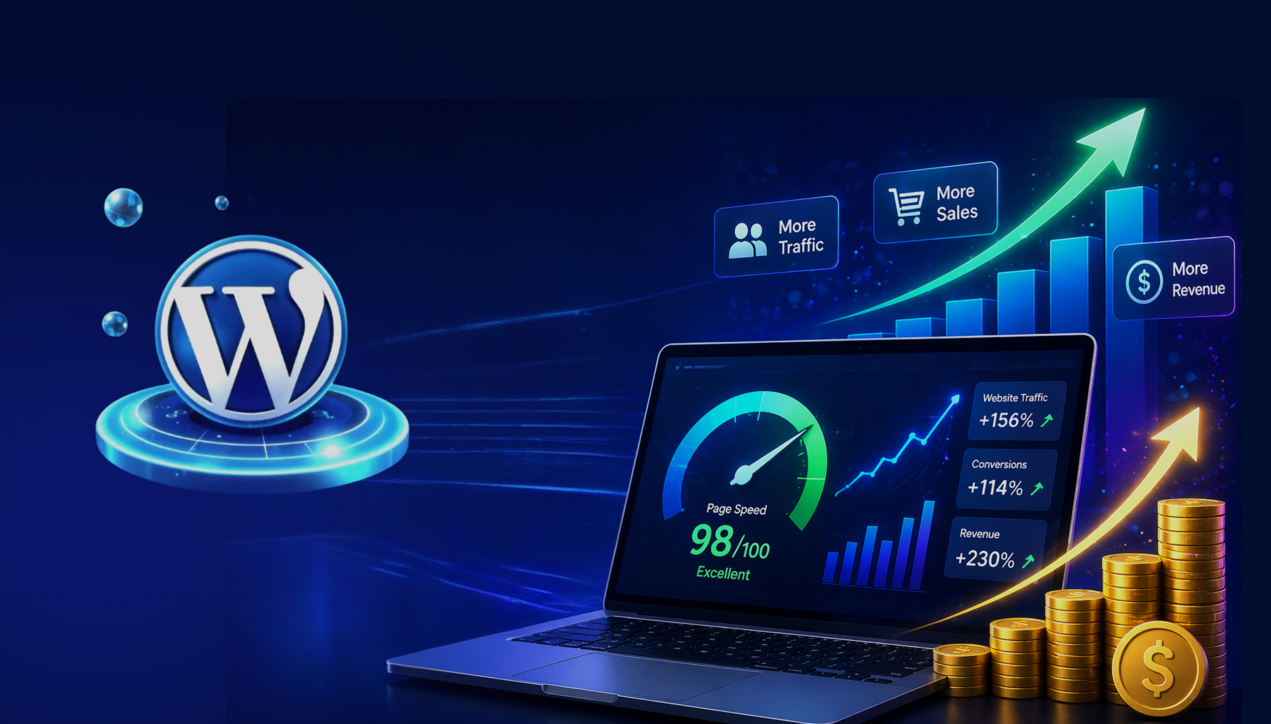 WordPress optimization concept with speed score, performance metrics, and increasing growth indicators