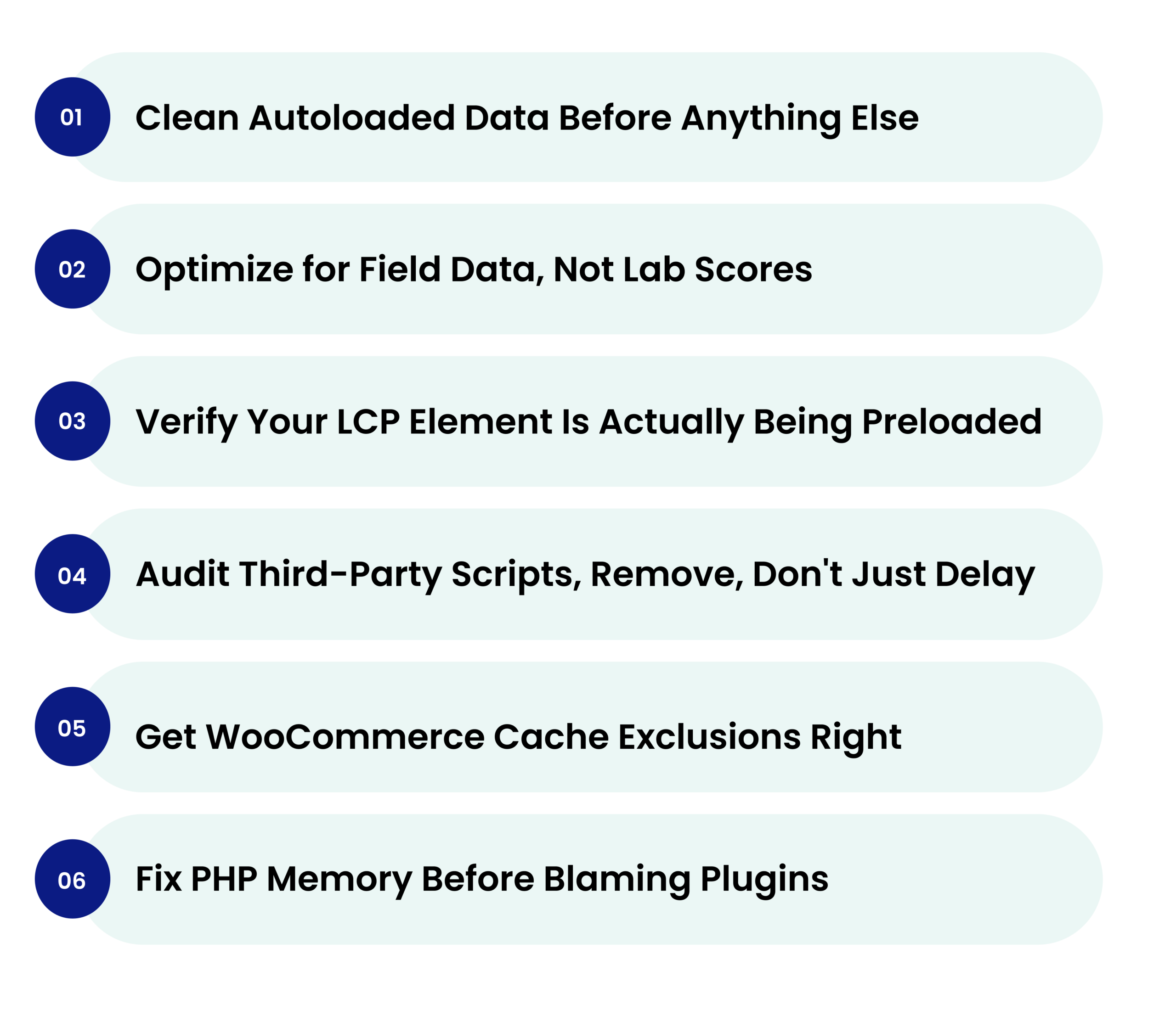 Technical WordPress optimization checklist including caching, LCP preload, script optimization, and PHP memory fixes