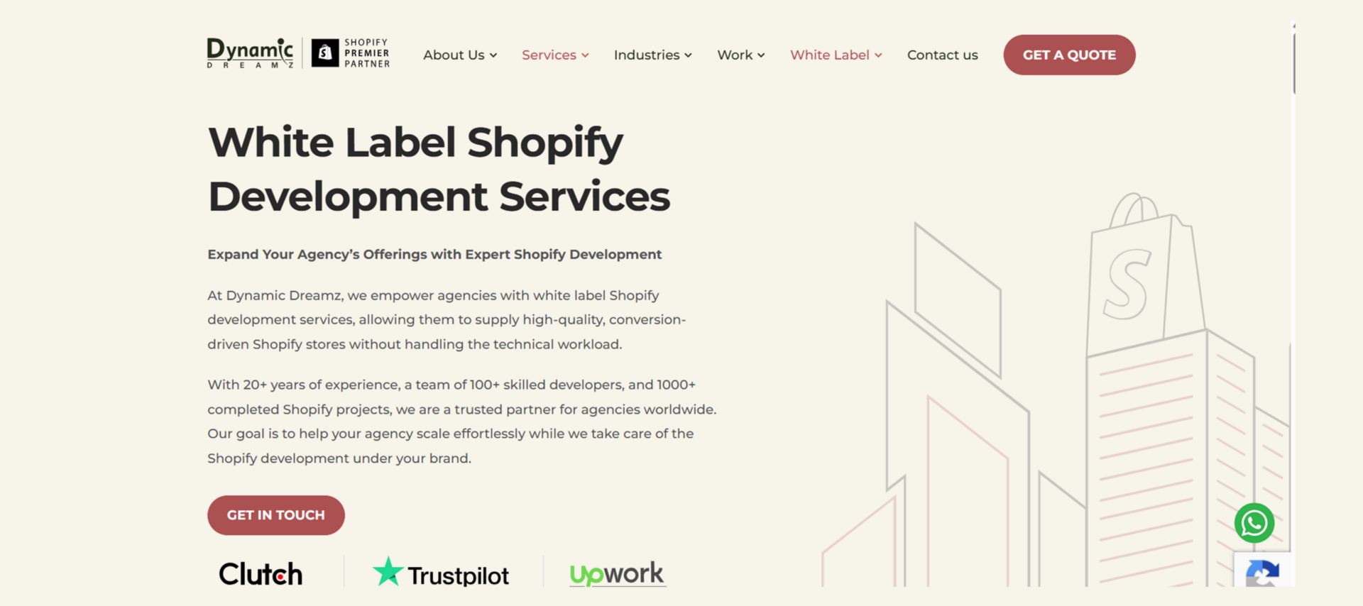 Dynamic Dreamz white label Shopify development services homepage with Shopify Premier Partner badge and agency-focused messaging.