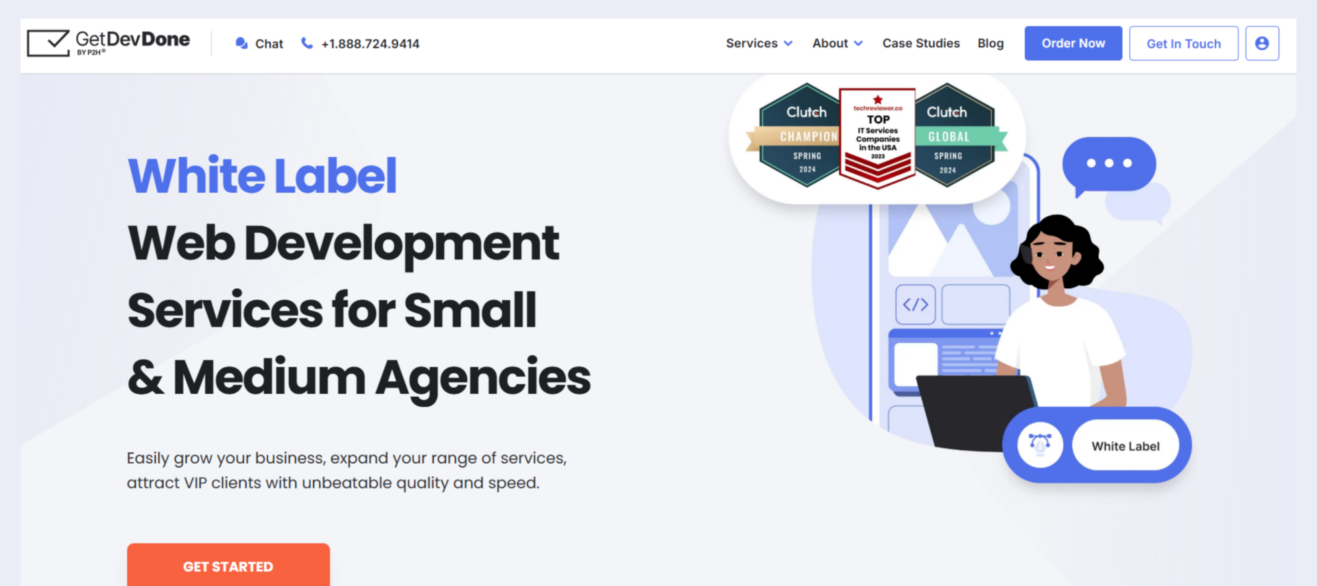 GetDevDone white label web development services homepage for small and medium agencies with award badges.