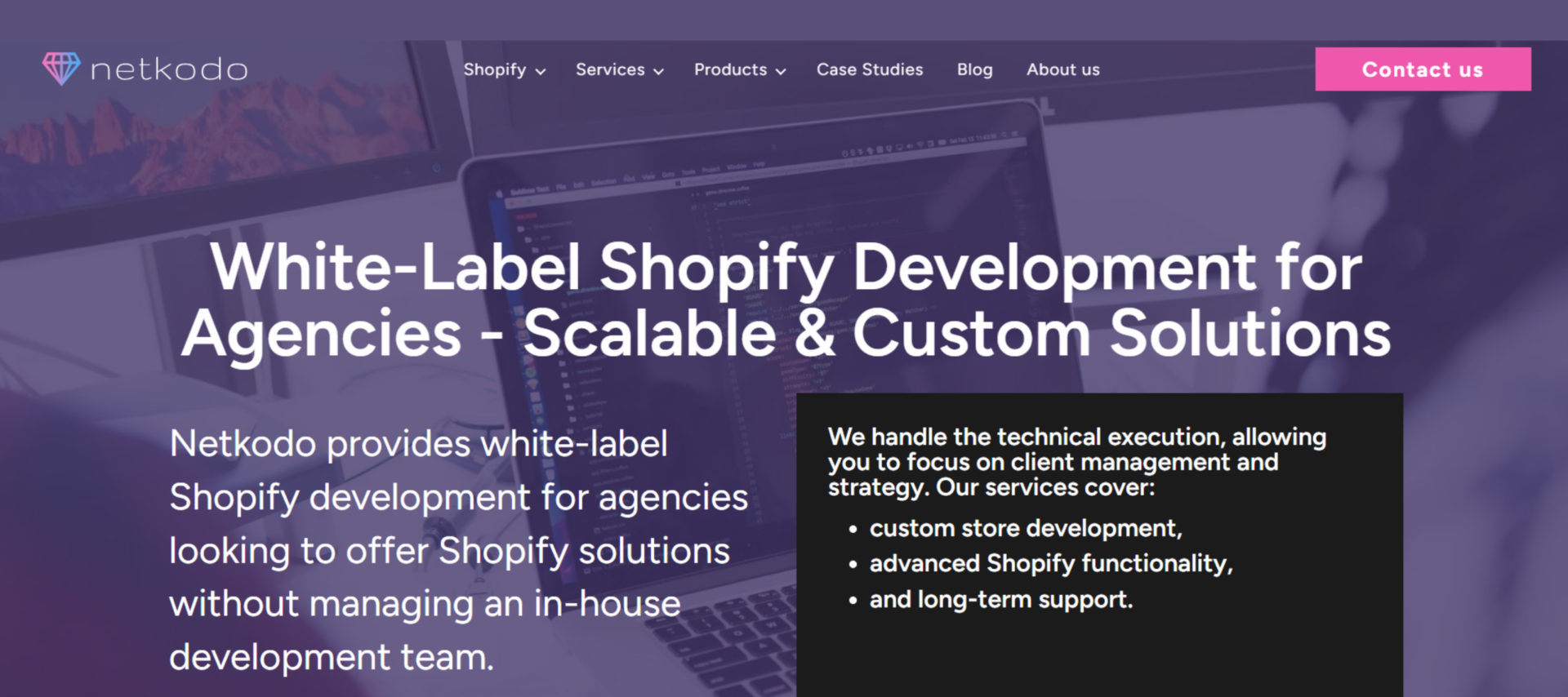 Netkodo white-label Shopify development for agencies homepage with scalable custom Shopify solutions messaging.