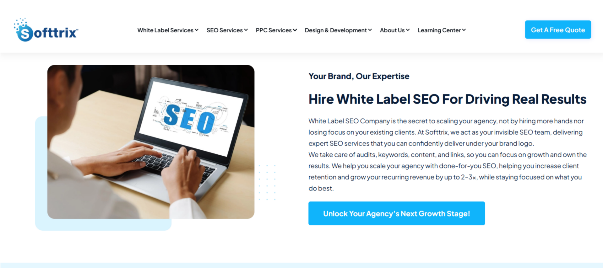 Softtrix white label SEO services homepage highlighting agency growth and outsourced SEO support.