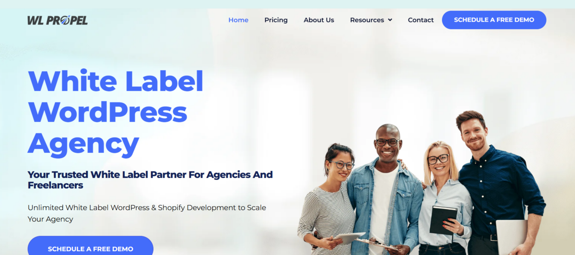 WL Propel white label WordPress agency homepage promoting unlimited WordPress and Shopify development for agencies and freelancers.
