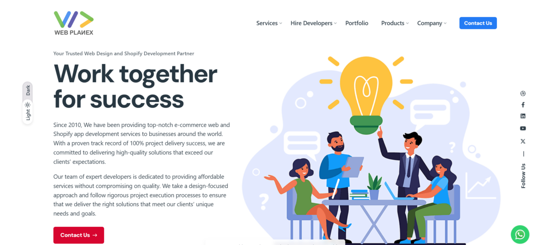 Webplanex Shopify development partner homepage promoting ecommerce and Shopify app development services.