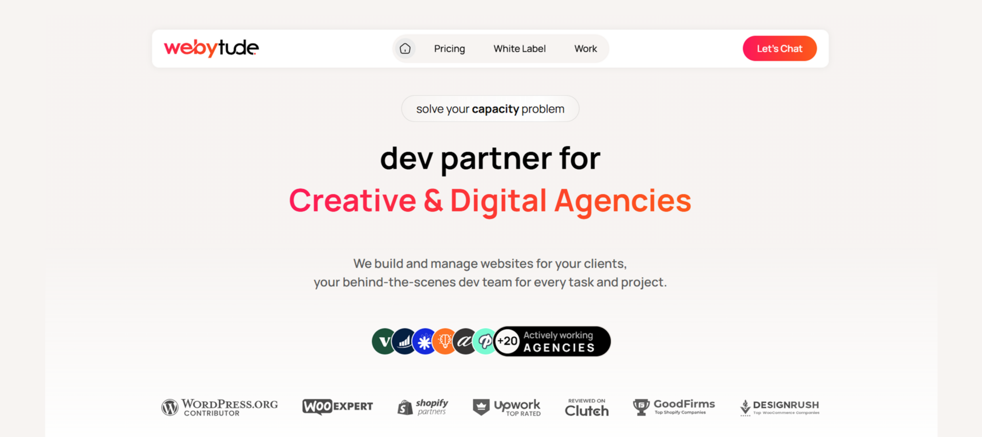 Webytude dev partner homepage for creative and digital agencies with white label service positioning.