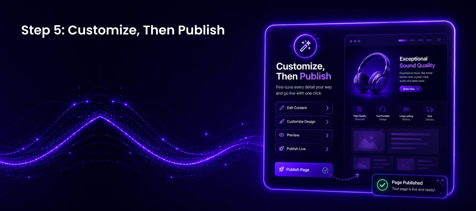 Page Pilot AI editor showing customization options and one-click publishing for Shopify product pages