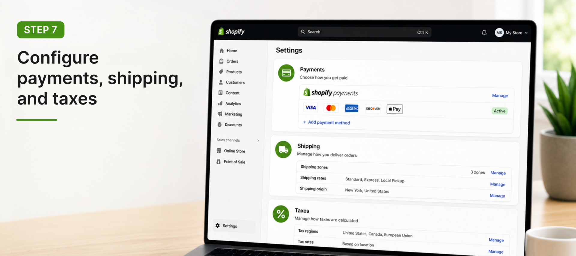 Configure payments, shipping, and taxes