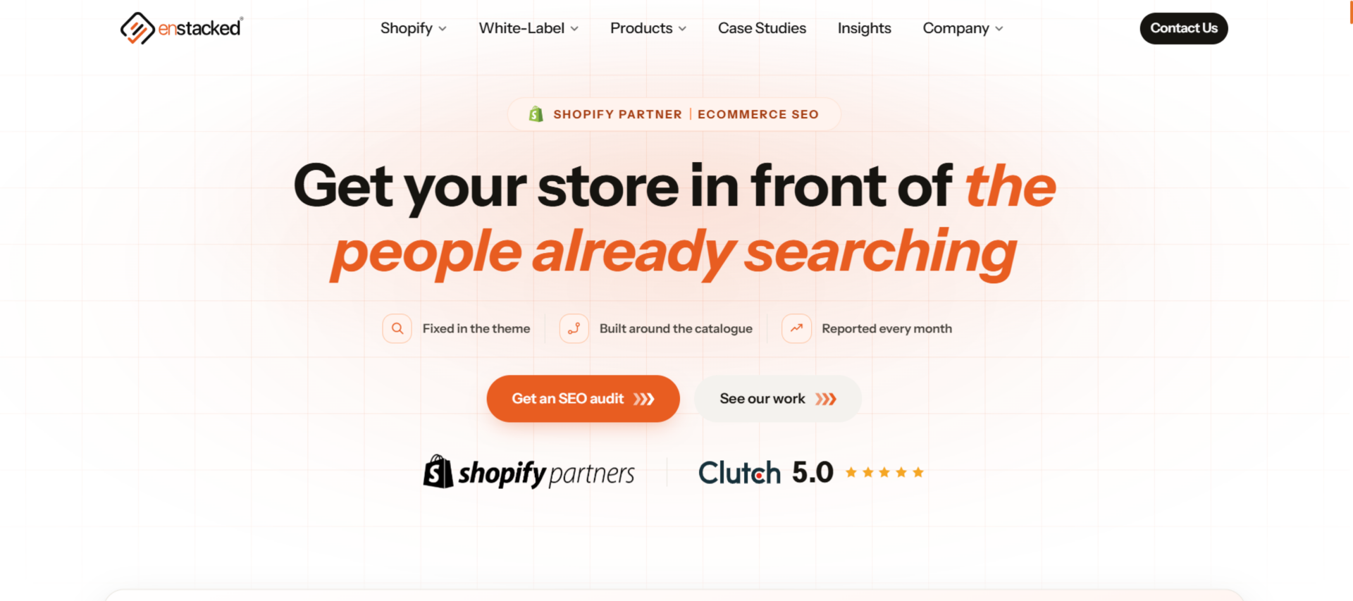 Enstacked homepage, a Shopify SEO agency