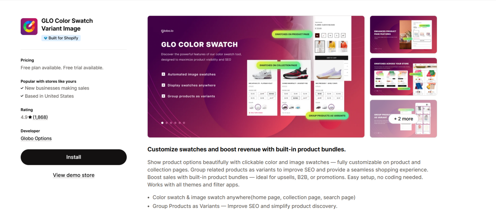 GLO Color Swatch Variant Image app listing on the Shopify App Store, rated 4.9 stars, showing swatches on product and collection pages plus grouped product variants
