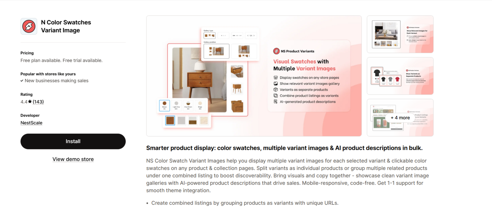 N Color Swatches Variant Image app by NestScale on the Shopify App Store, rated 4.4 stars, showing visual swatches with multiple variant images