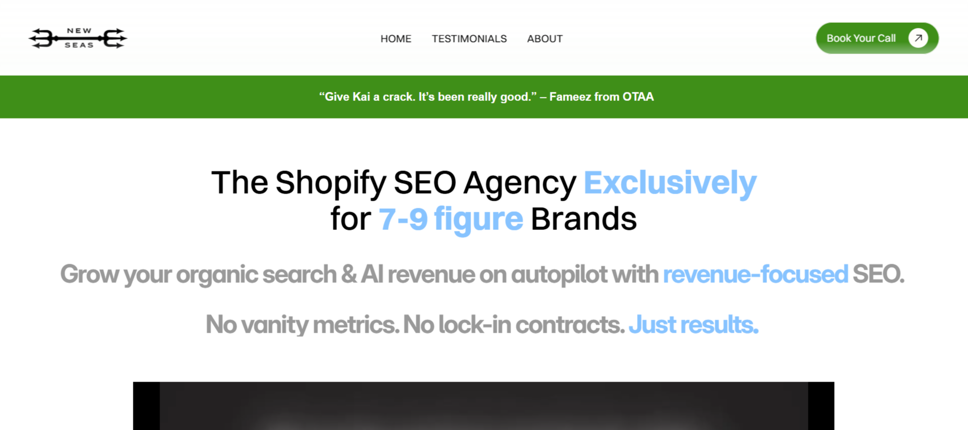 New Seas homepage, a Shopify SEO agency