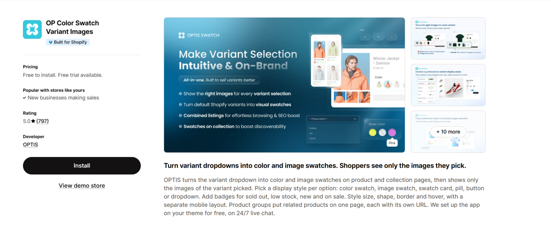 OP Color Swatch Variant Images (OPTIS) app listing on the Shopify App Store, rated 5.0 stars, showing variant dropdowns turned into color and image swatches