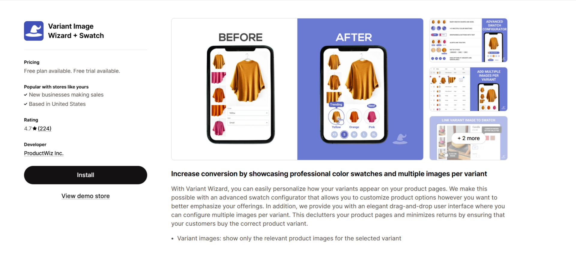 Variant Image Wizard + Swatch app by ProductWiz on the Shopify App Store, rated 4.7 stars, showing a before/after comparison of a product page with color swatches added