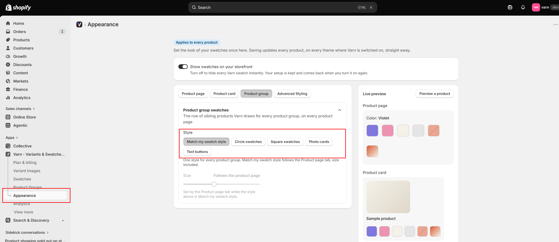 Varn Appearance settings page showing product group swatch style options (Match my swatch style, Circle, Square, Photo cards, Text buttons) with a live preview