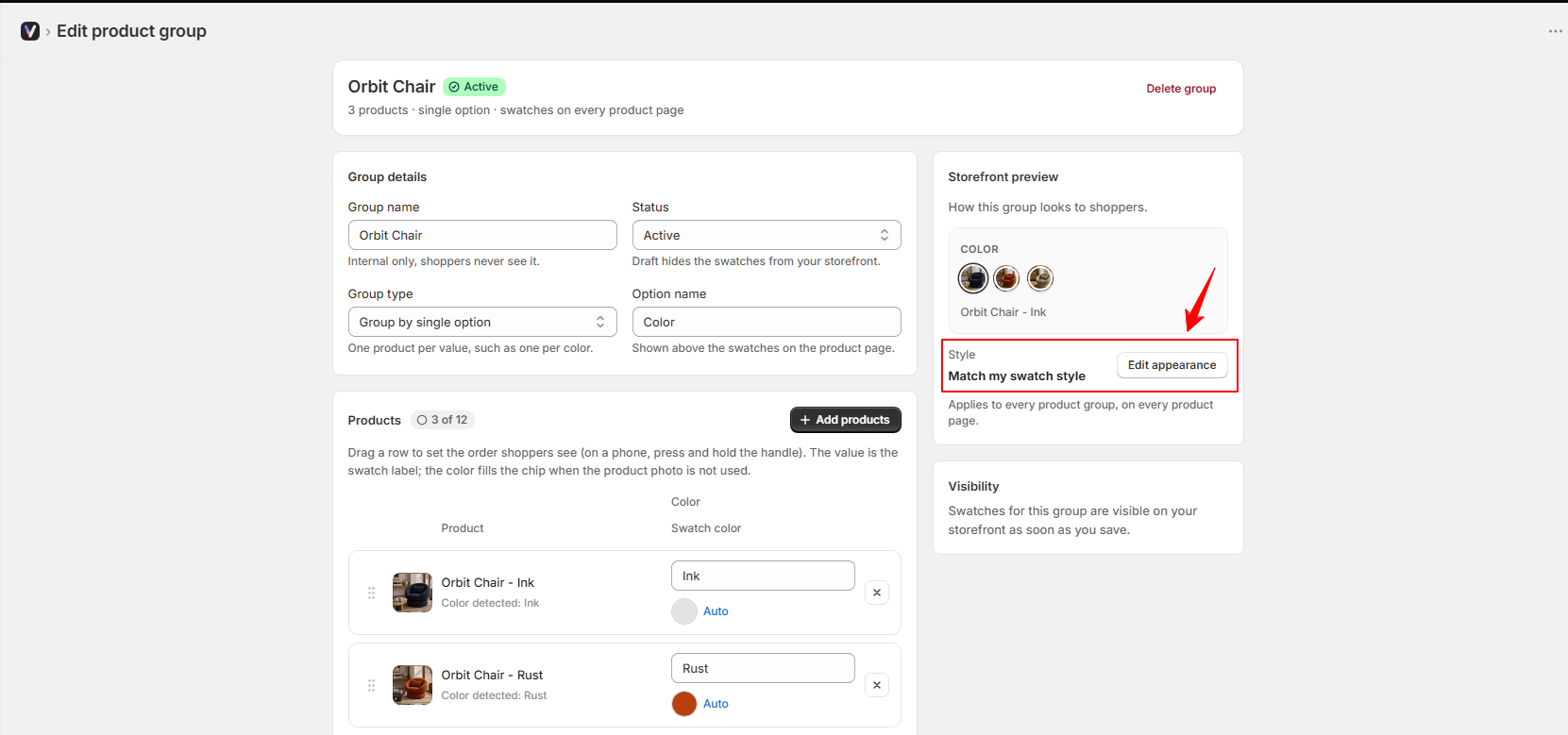 Varn Edit product group page for Orbit Chair with 3 products, highlighting the "Match my swatch style" appearance setting