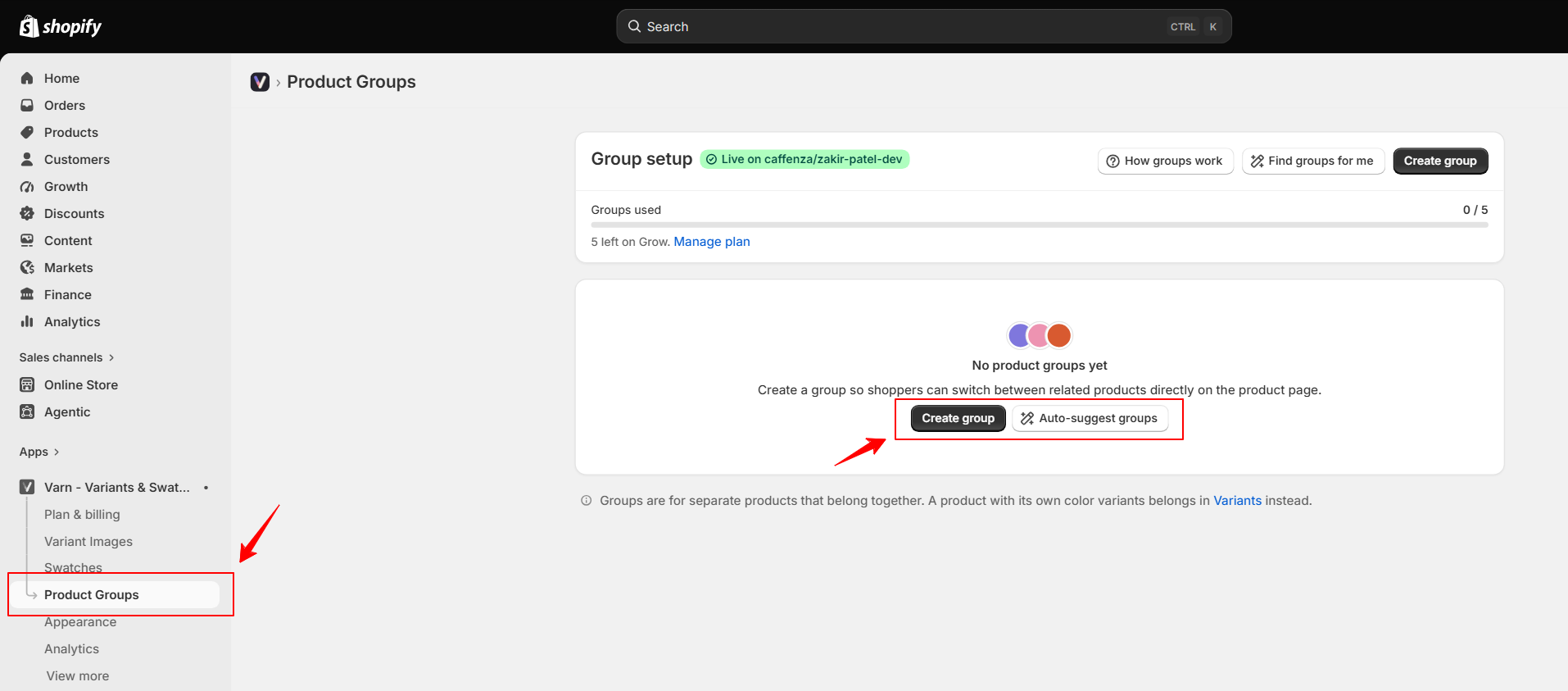 Varn Product Groups setup page in Shopify admin showing an empty state with "Create group" and "Auto-suggest groups" buttons