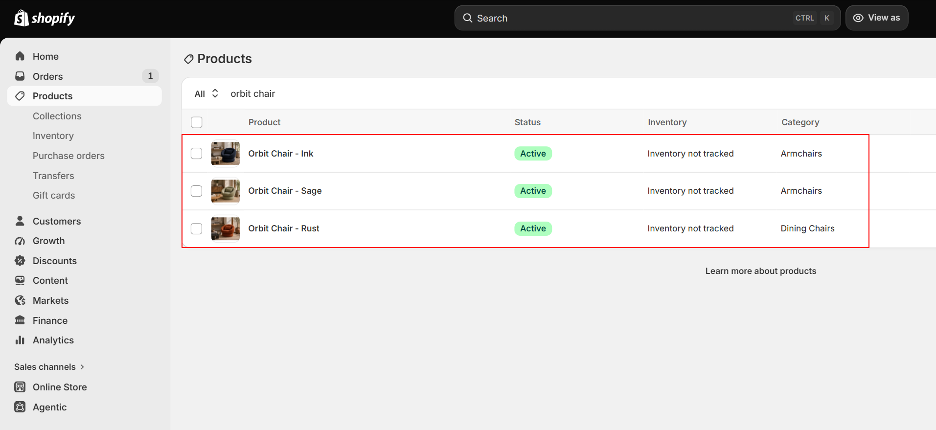 Shopify admin Products list filtered for "orbit chair," showing three separate active products (Ink, Sage, Rust) later linked into one Varn product group