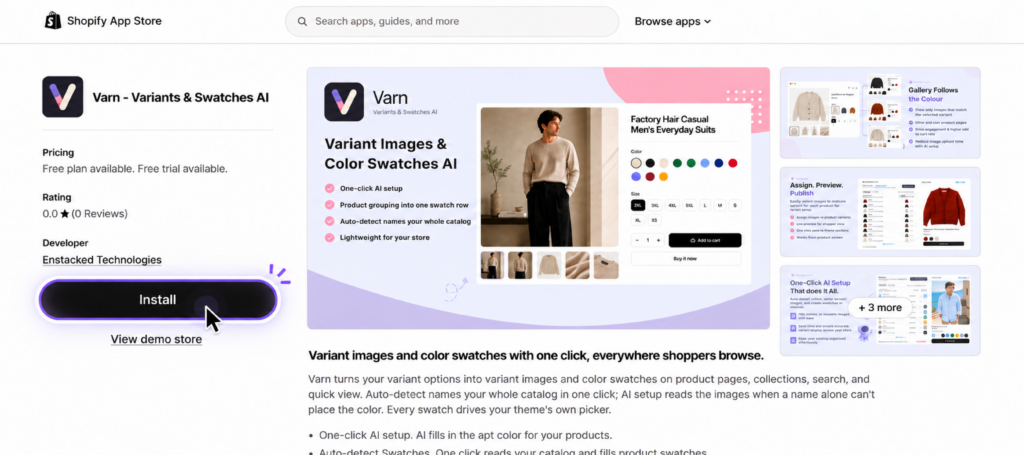Varn - Variants & Swatches AI listing on the Shopify App Store, showing the Install button and product page preview with color swatches and size options