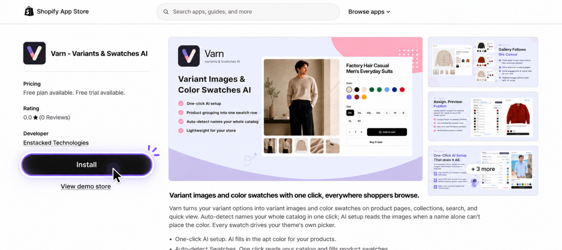 Varn - Variants & Swatches AI listing on the Shopify App Store, showing the Install button and product page preview with color swatches and size options
